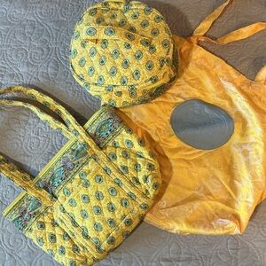 Americana SHARIF Yellow Patterned Cosmetic Bag Set w/ Bonus Gold Tote Preowned